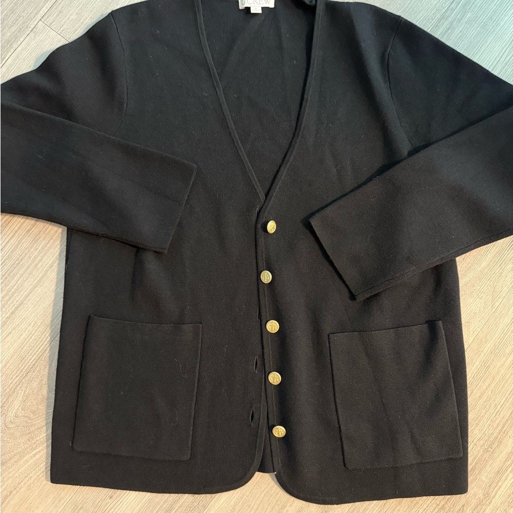 NWOT! J. Crew Womens Black v neck Cardigan blazer Gold Nautical Buttons Medium